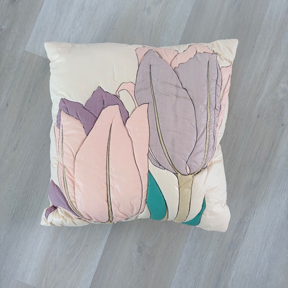Vintage Quilted Tulip Floral Throw Pillow Pastel Pink Lavender Cottagecore 13x14